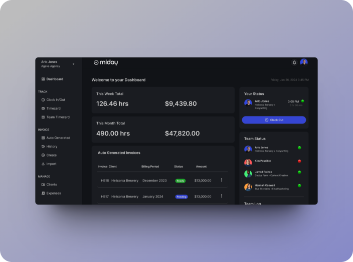 Miday SaaS dashboard mockup