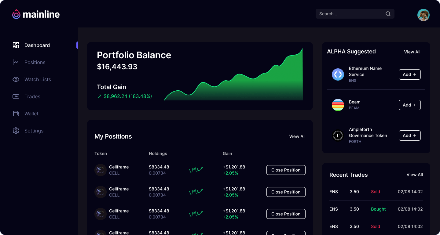 mainline alpha crypto trading bot dashboard page